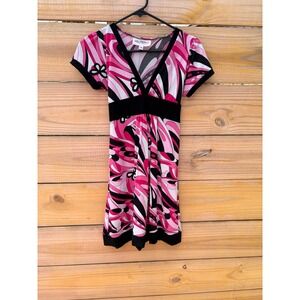 Hollyworld Pink Psychedelic Swirl Mini Dress V-Neck Empire Waist Size 16 Retro